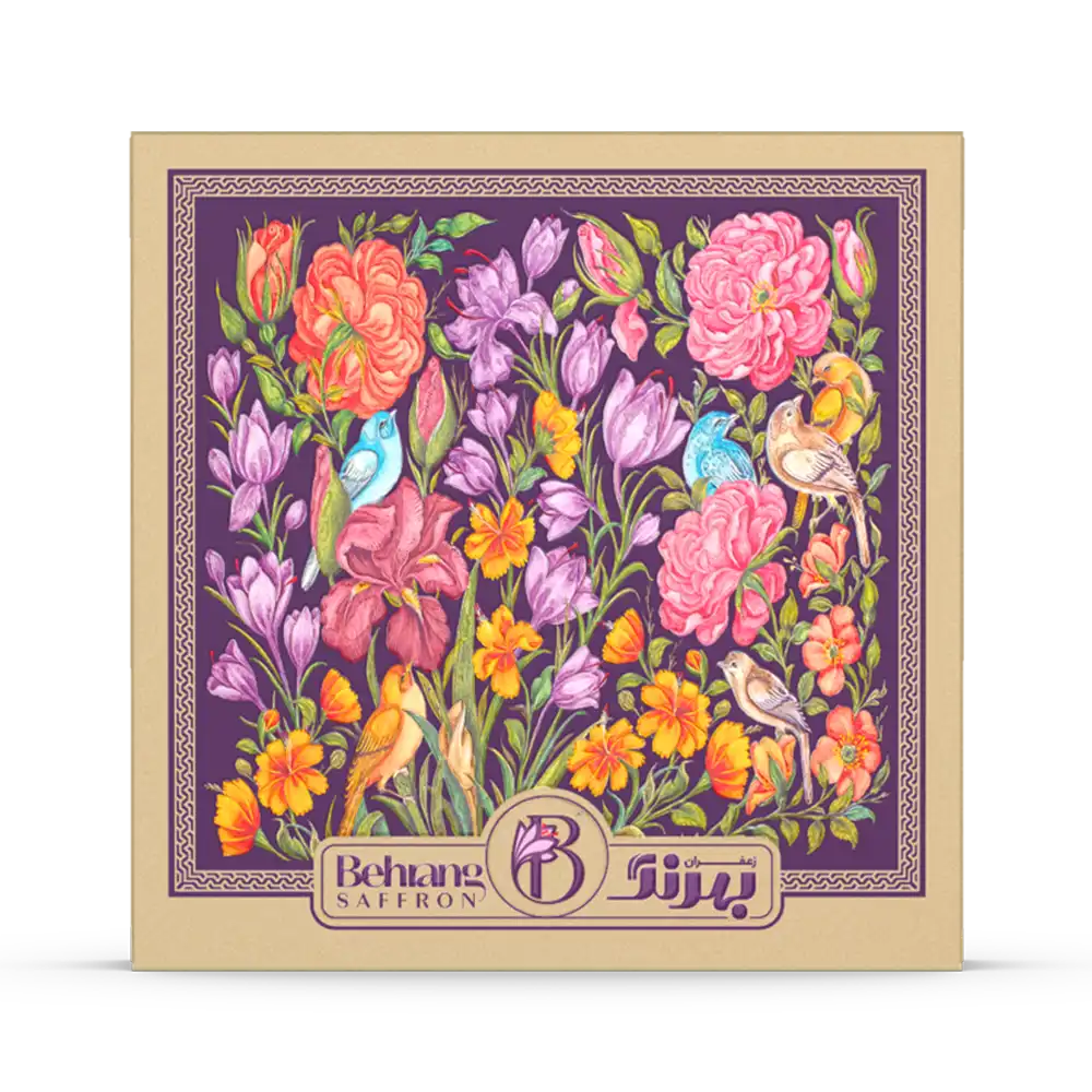 زعفران 10 گرمی خاتم بهرنگ با بسته بندی جذاب و طرح گل و مرغ