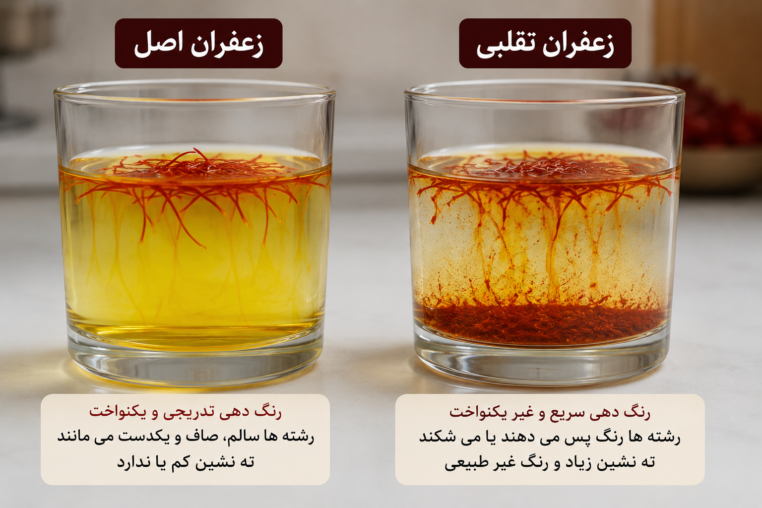 مقایسه رنگ‌دهی زعفران اصل و زعفران تقلبی در آب